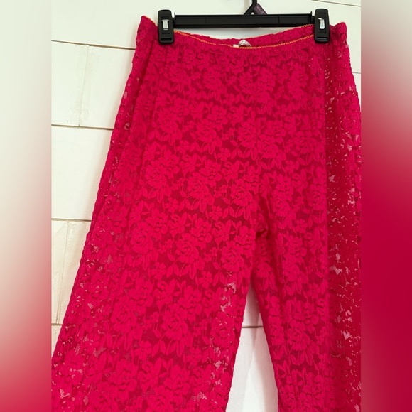NWOT Free People All Day Lace Women’s Fuchsia Sheer Flare Coquette Pants Sz L - Picture 2 of 7